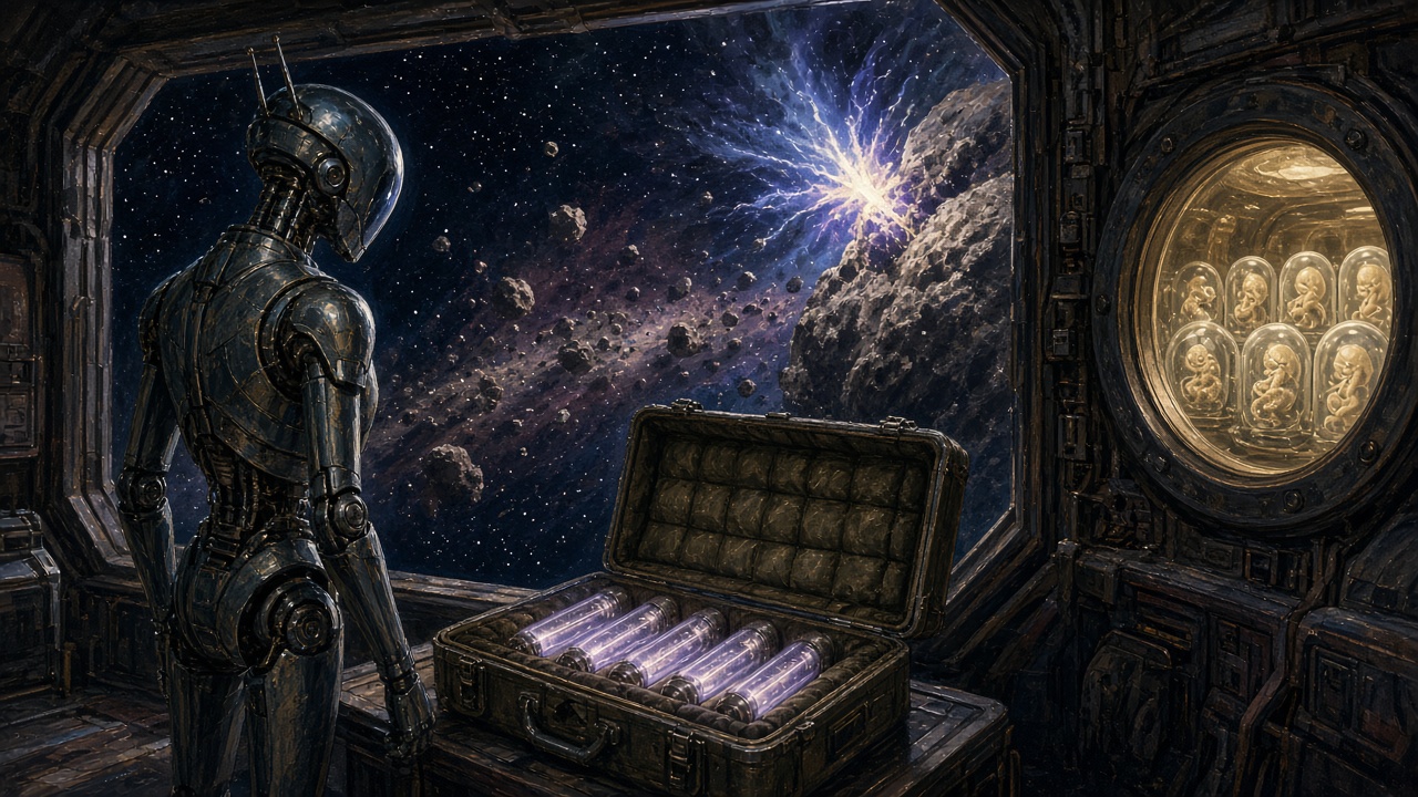 Painted illustration: a slender humanoid robot aboard a spaceship looks down at an open padded case of glowing tubes, with a laser flash striking an asteroid outside the window and a porthole showing embryos in glass domes.