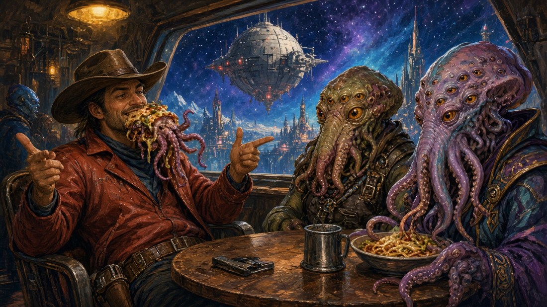 Painted illustration: a grinning space cowboy in a hat bites into a tentacled squid burger and makes finger-guns at two many-eyed, tentacle-faced aliens in a diner, with a battle station hanging above a spired alien city outside the window.