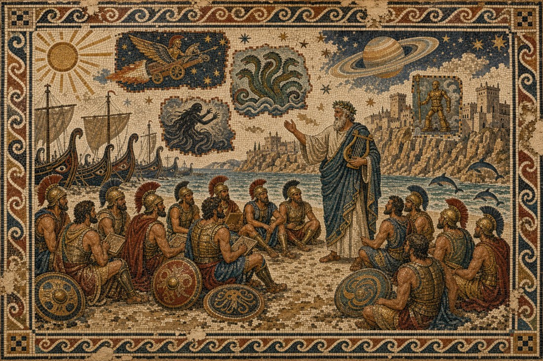 Mosaic of a robed bard addressing seated Greek warriors on a beach, framed by scenes of a hydra, ships and Saturn