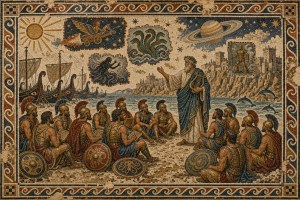 Mosaic of a robed bard addressing seated Greek warriors on a beach, framed by scenes of a hydra, ships and Saturn