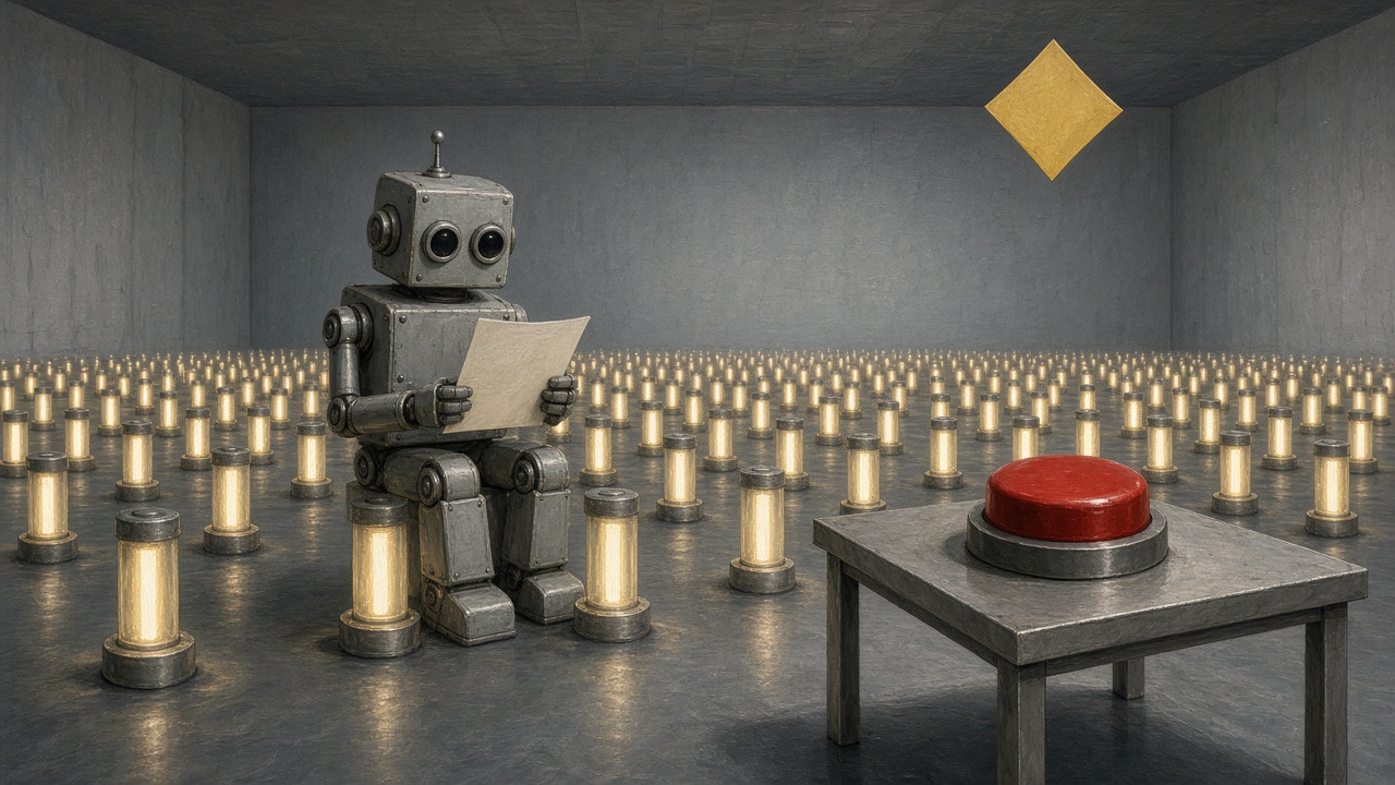 Painted illustration: a boxy retro robot sits reading a manuscript page among hundreds of identical glowing power tubes in a vast grey room, beside a metal table with a big red button, as a small yellow diamond-shaped paper drifts in the air.