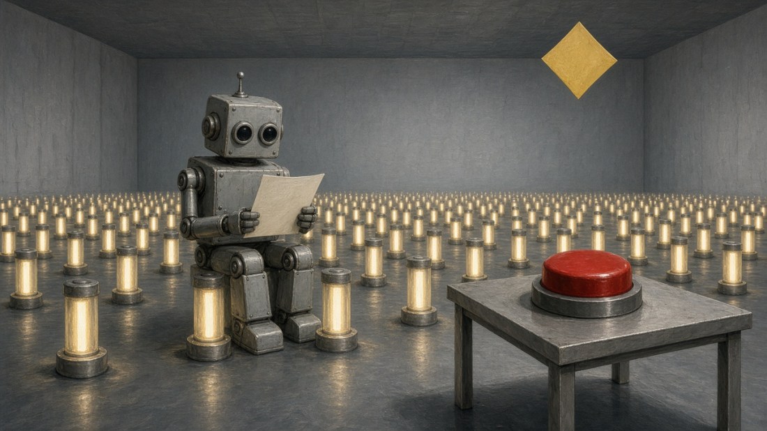 Painted illustration: a boxy retro robot sits reading a manuscript page among hundreds of identical glowing power tubes in a vast grey room, beside a metal table with a big red button, as a small yellow diamond-shaped paper drifts in the air.
