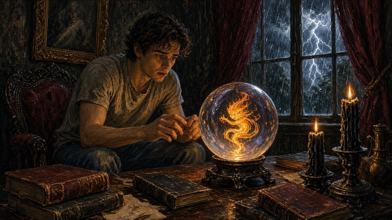 Painted illustration: a young man in a T-shirt sits in a gloomy Victorian parlor among old books and black candles, staring at a crystal sphere in which a fiery, impish spirit dances, as lightning flashes at the rain-streaked window.