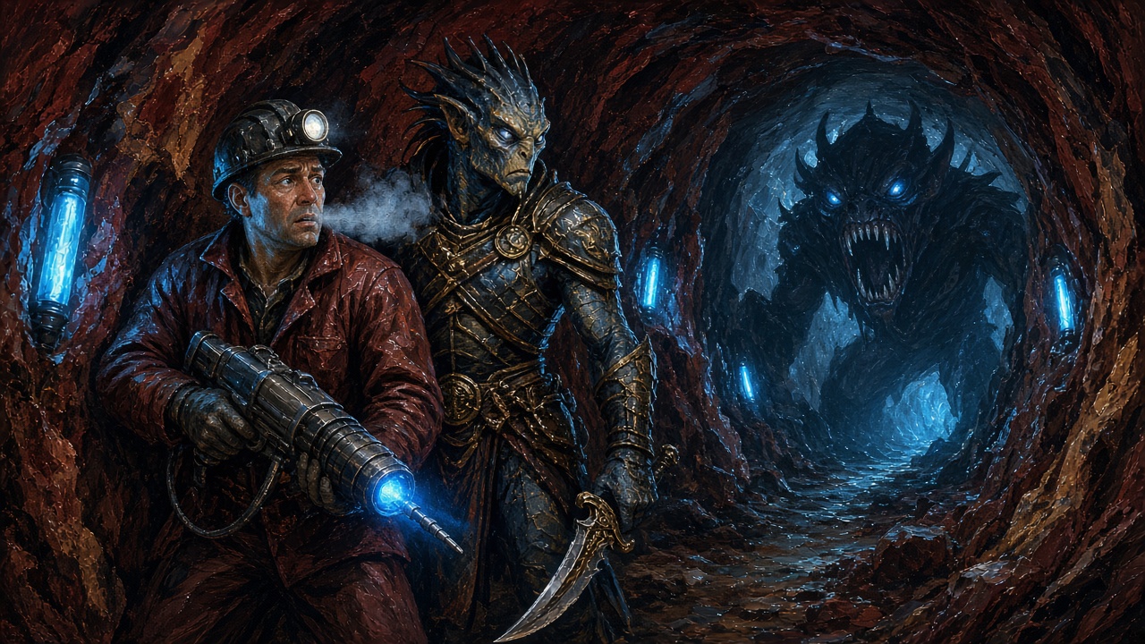 Painted illustration: a frightened miner with a helmet lamp and a laser drill and a scaled alien warrior with a curved dagger stand in a red-rock tunnel lit by blue tubes, as a huge fanged beast with glowing eyes looms out of the darkness ahead.