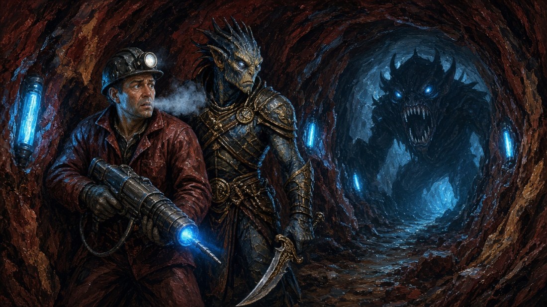 Painted illustration: a frightened miner with a helmet lamp and a laser drill and a scaled alien warrior with a curved dagger stand in a red-rock tunnel lit by blue tubes, as a huge fanged beast with glowing eyes looms out of the darkness ahead.