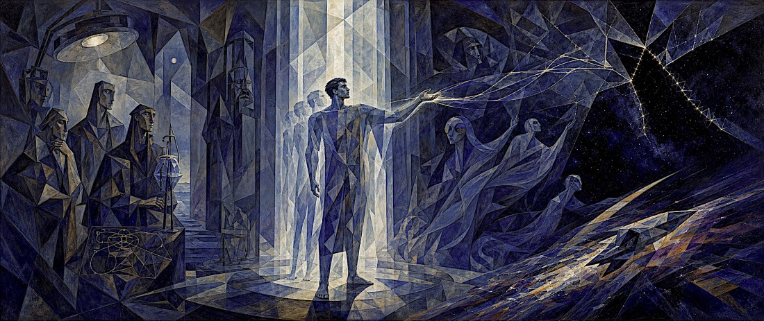 Cubist-style art of a man reaching toward a cracked starry void as robed figures look on in a beam of light