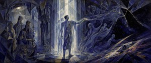Cubist-style art of a man reaching toward a cracked starry void as robed figures look on in a beam of light