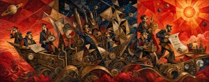 Cubist-style painting of men in old-fashioned coats aboard a clockwork ship sailing red clouds, reading scrolls