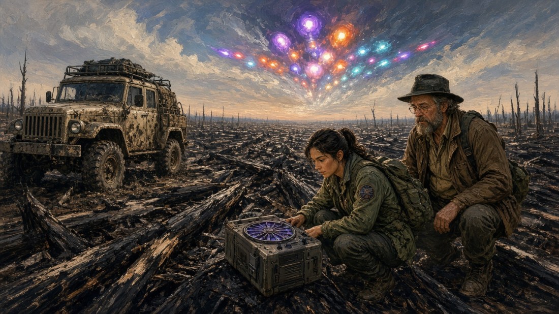 Painted illustration: a young woman geologist kneels beside a glowing particle detector among vast fields of flattened, blackened tree trunks in Siberia, with a bearded professor and a mud-splattered off-road truck nearby, as a cluster of multicolored lights blazes in the sky.