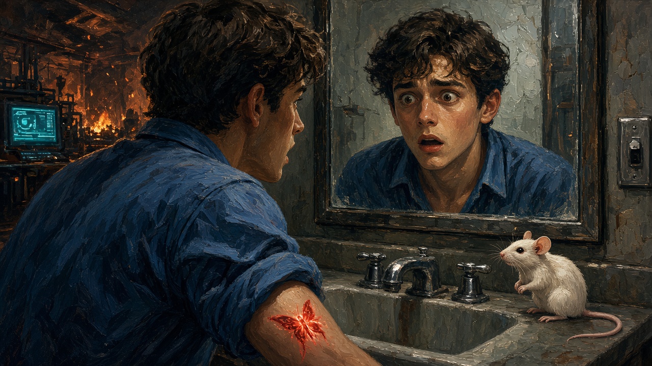 Painted illustration: a young man in a blue shirt stares in shock at his reflection in a bathroom mirror, a glowing red butterfly mark on his arm and a white lab mouse on the sink, with a burning laboratory and a computer screen behind him.