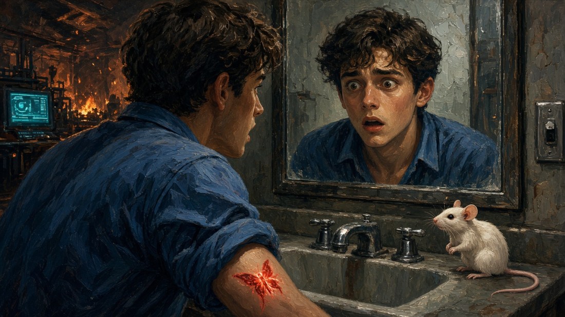 Painted illustration: a young man in a blue shirt stares in shock at his reflection in a bathroom mirror, a glowing red butterfly mark on his arm and a white lab mouse on the sink, with a burning laboratory and a computer screen behind him.