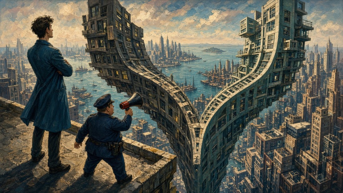 Painted illustration: a young man in a long coat stands with folded arms at the edge of a skyscraper rooftop while a portly policeman beside him shouts through a megaphone, as the city around them bends into two impossible, curving towers.