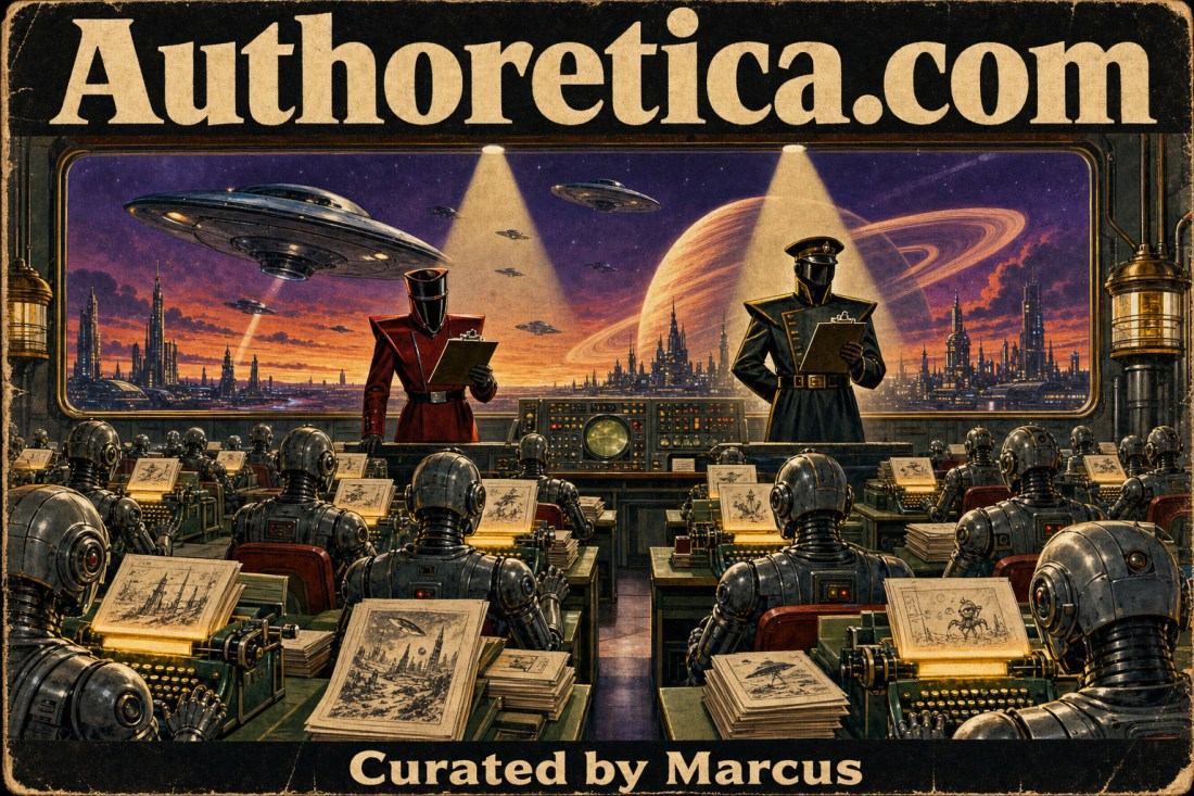 Retro poster "Authoretica.com, Curated by Marcus": rows of robots at typewriters overseen by two uniformed figures