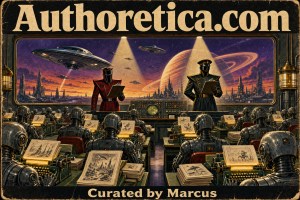 Retro poster "Authoretica.com, Curated by Marcus": rows of robots at typewriters overseen by two uniformed figures