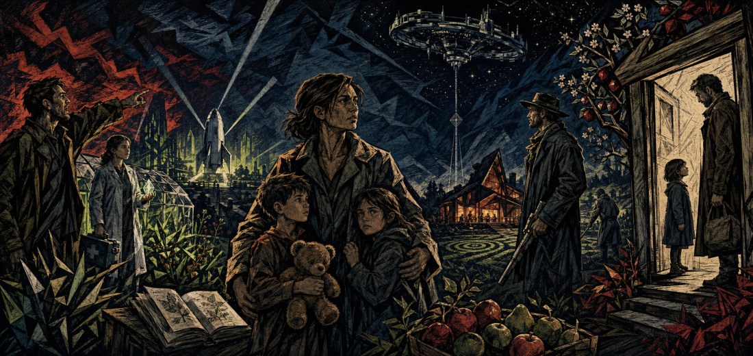 Collage of a mother holding two children with a teddy bear, a man in a doorway, scientists and a UFO over a farmhouse