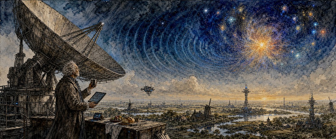 An old man holding a tablet stands by a huge radio telescope dish as rippling waves spread across a starry sky