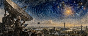 An old man holding a tablet stands by a huge radio telescope dish as rippling waves spread across a starry sky