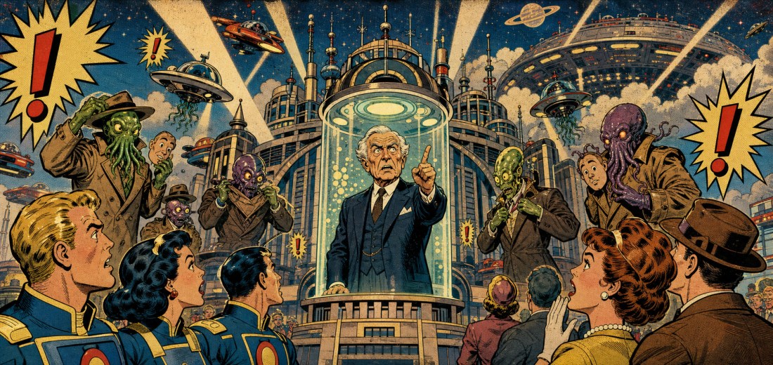 Retro comic-style scene of an old man in a glass tube addressing a crowd of humans and tentacled aliens