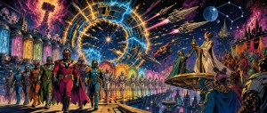 Comic-style cosmic parade of costumed heroes and robots marching toward a robed queen beneath a swirling portal