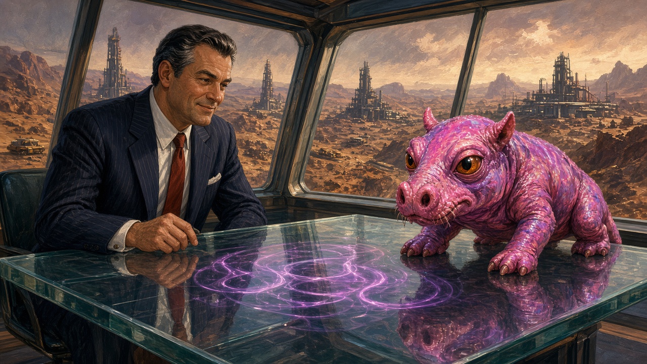 Painted illustration: a smiling businessman in a pinstripe suit sits at a glass conference table facing a small, iridescent pink, pig-snouted alien with orange eyes standing on the table, glowing purple swirls between them and mining towers on a desert world outside.