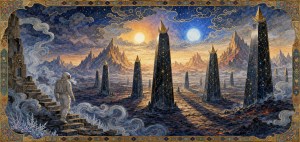 Ornate framed art of an astronaut climbing stone steps toward tall black obelisks under a sun and a moon