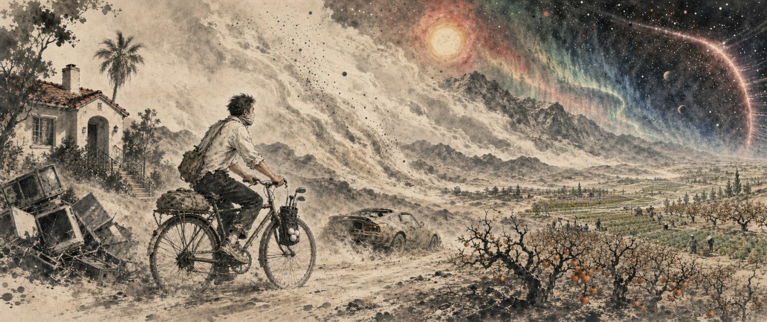 Sketch of a man cycling past wrecked TVs and a ruined house as a dust storm and fiery sky sweep over orchards