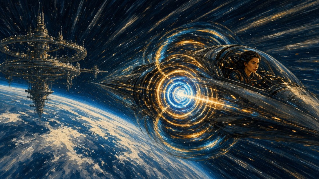 Painted illustration: a sleek experimental spacecraft with a dark-haired woman pilot in its cockpit streaks away from a ring-shaped orbital station above Earth as space warps around it in swirling rings of blue and gold light.