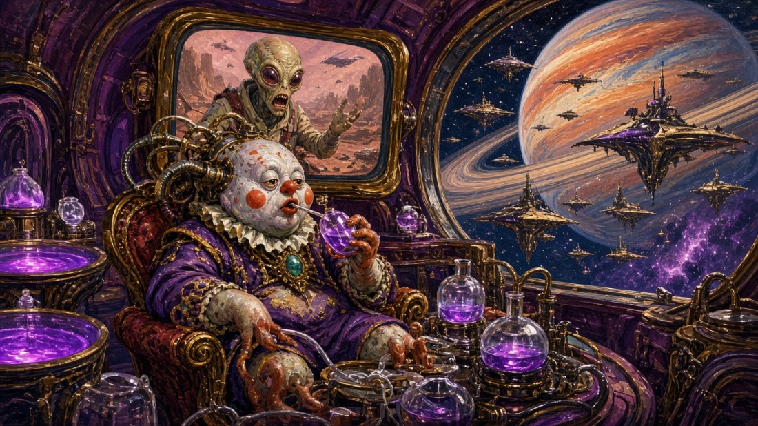 Painted illustration: a clown-faced alien ambassador in a ruffled purple robe sips glowing purple liquid among vats and flasks of it, while a grey big-eyed alien gestures urgently from a screen behind him and ornate starships fly past a ringed planet outside.