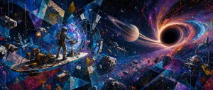 An astronaut on a floating platform of machinery drifts in a kaleidoscopic space near a black hole and ringed planet