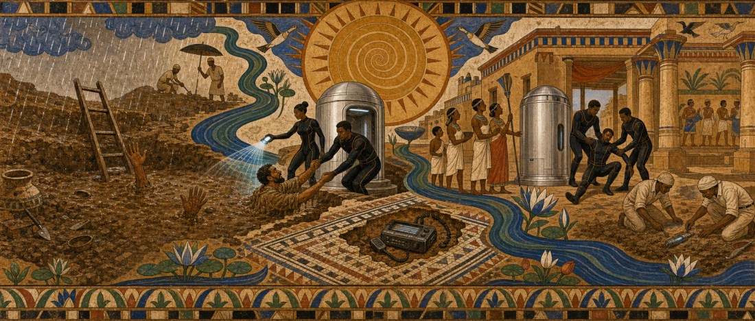 Egyptian-style mosaic of workers digging in fields and carrying people between silver capsules beside a winding river