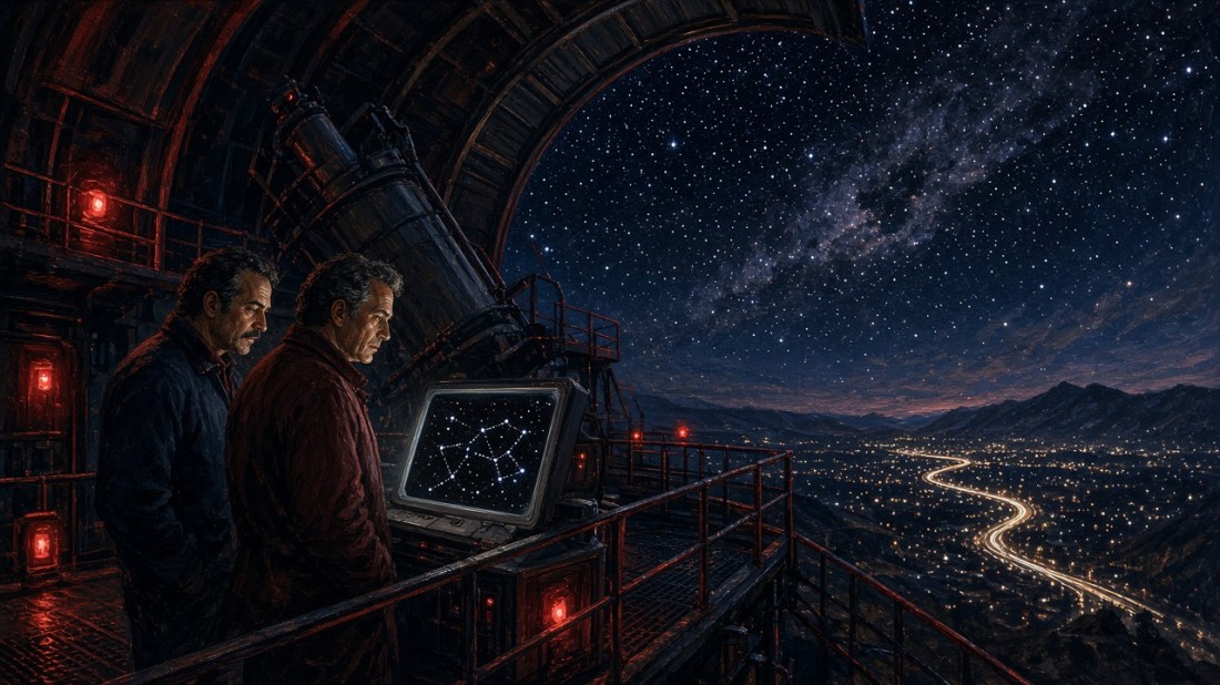 Painted illustration: two astronomers in a dark observatory lit by red lights stare at a monitor showing a pattern of connected stars beside a giant telescope, with the dome open to the Milky Way and a city and highway glittering below.