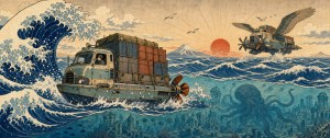 Woodblock-style scene of a truck sailing through a great wave, a winged airship above and an octopus below