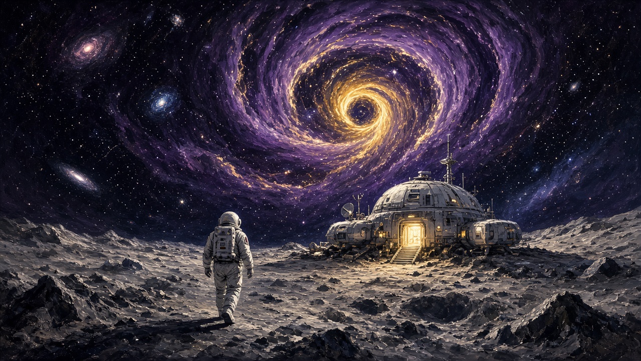 Painted illustration: a lone astronaut walks across the grey lunar surface toward a small domed station with a lit doorway, beneath an enormous swirling vortex of violet and gold light in the starry sky.