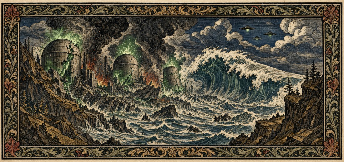 Ornately framed art of a huge wave crashing over a burning city of domed towers under a stormy sky with UFOs
