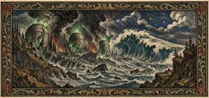 Ornately framed art of a huge wave crashing over a burning city of domed towers under a stormy sky with UFOs