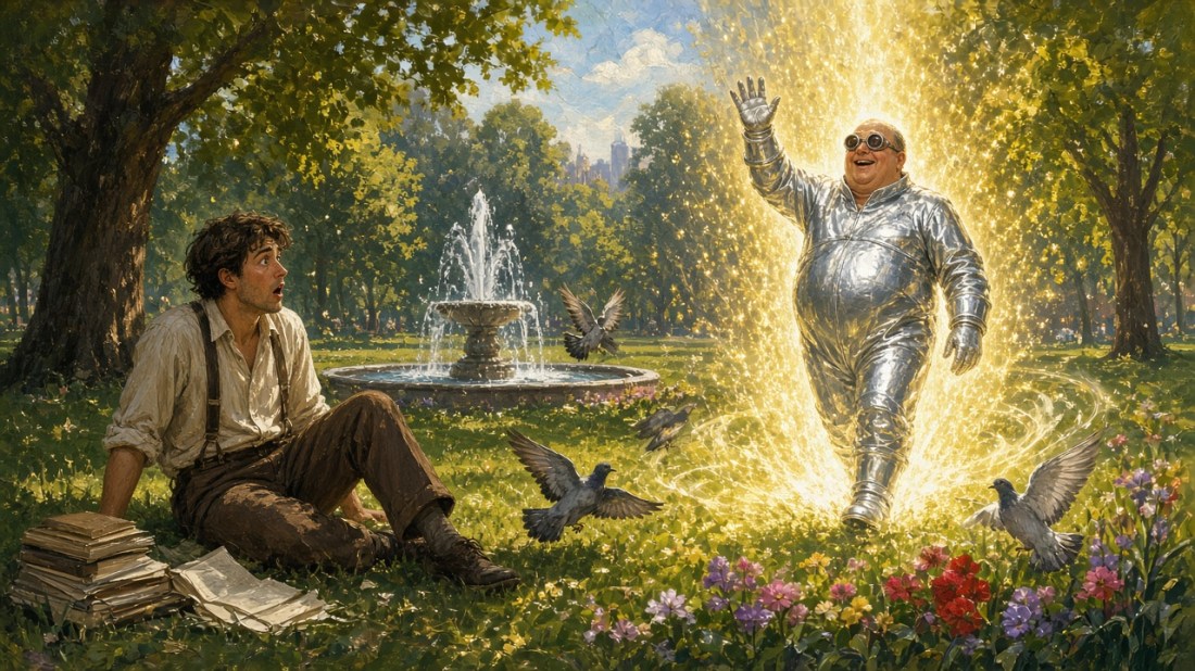 Painted illustration: a startled young man sitting on the grass beside a stack of books in a sunny park gapes as a cheerful, portly time traveler in shiny silver coveralls and goggles appears in a burst of golden light near a fountain, scattering pigeons.
