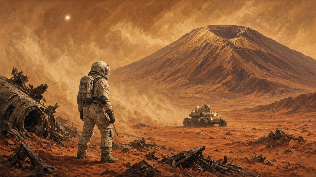 Painted illustration: a lone figure in a battered spacesuit stands among half-buried wreckage at the foot of a colossal Martian volcano as a dust storm clears, with a six-wheeled crawler in the distance.