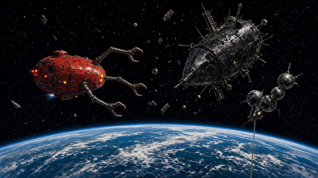 Painted illustration: a small red robotic salvage drone approaches a bulky derelict satellite in orbit above Earth, with a space station tethered to a thin space-elevator ribbon in the background.