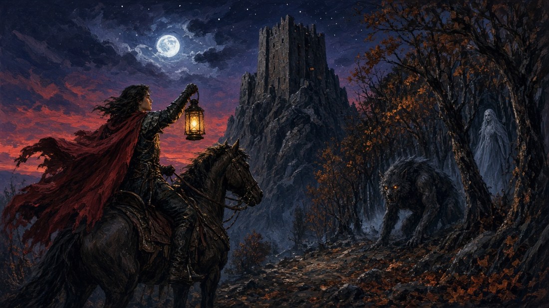 Painted illustration: a long-haired knight in a red cloak raises a lantern on horseback beneath the full moon near a rock-top watchtower, while a hulking wolf creature with glowing eyes and a pale ghostly woman watch from the autumn forest.