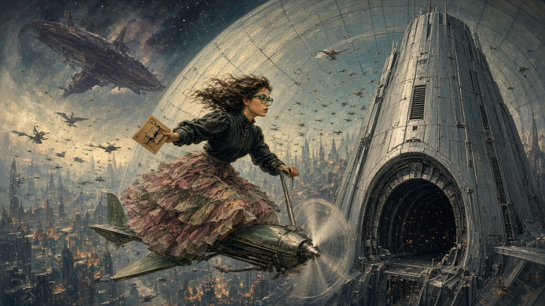 Painted illustration: a young woman with wild brown hair and green glasses rides astride a small propeller glider through a vast domed city, holding a card, toward the dark tunnel of a towering silver gate, with swarms of gliders and a huge alien ship in the sky.