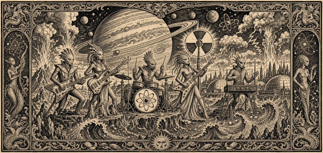 Engraving-style art of an alien rock band playing guitars, drums and keyboard beneath Jupiter and a radiation symbol