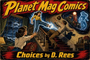 Comic cover "Planet Mag Comics: Choices by D. Rees" showing a woman kicking a man down stairs as another woman reaches out