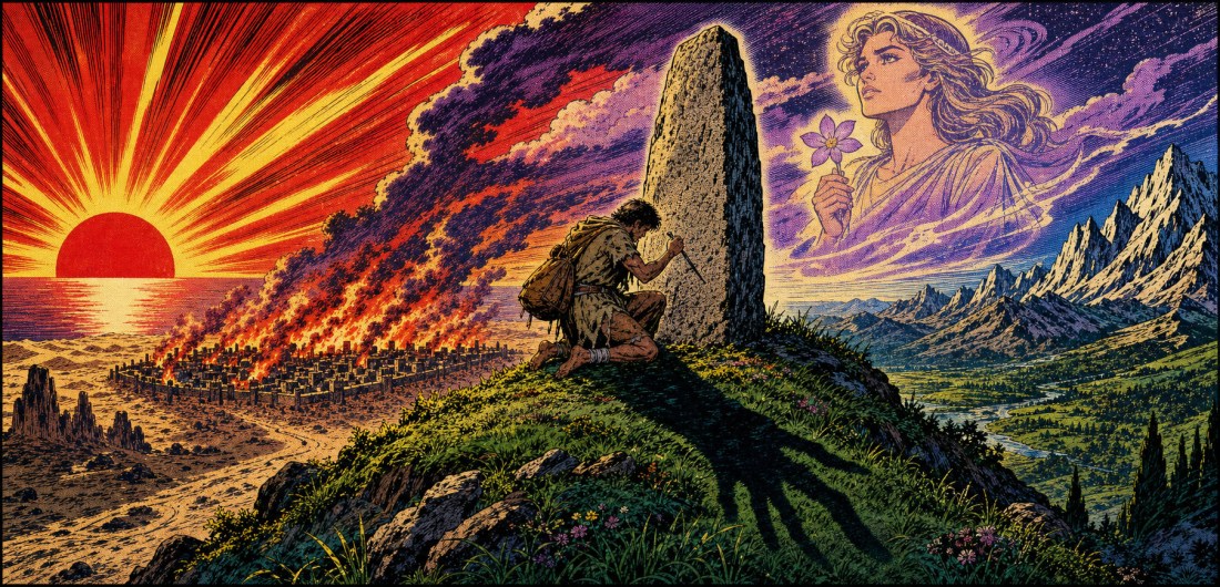 Comic-style art of a man kneeling by a standing stone on a hill as fires burn below and a goddess appears in the sky