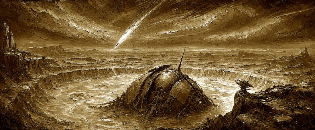 Sepia art of a crashed, segmented spacecraft in a vast crater as a meteor streaks across the sky