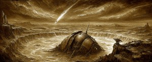 Sepia art of a crashed, segmented spacecraft in a vast crater as a meteor streaks across the sky