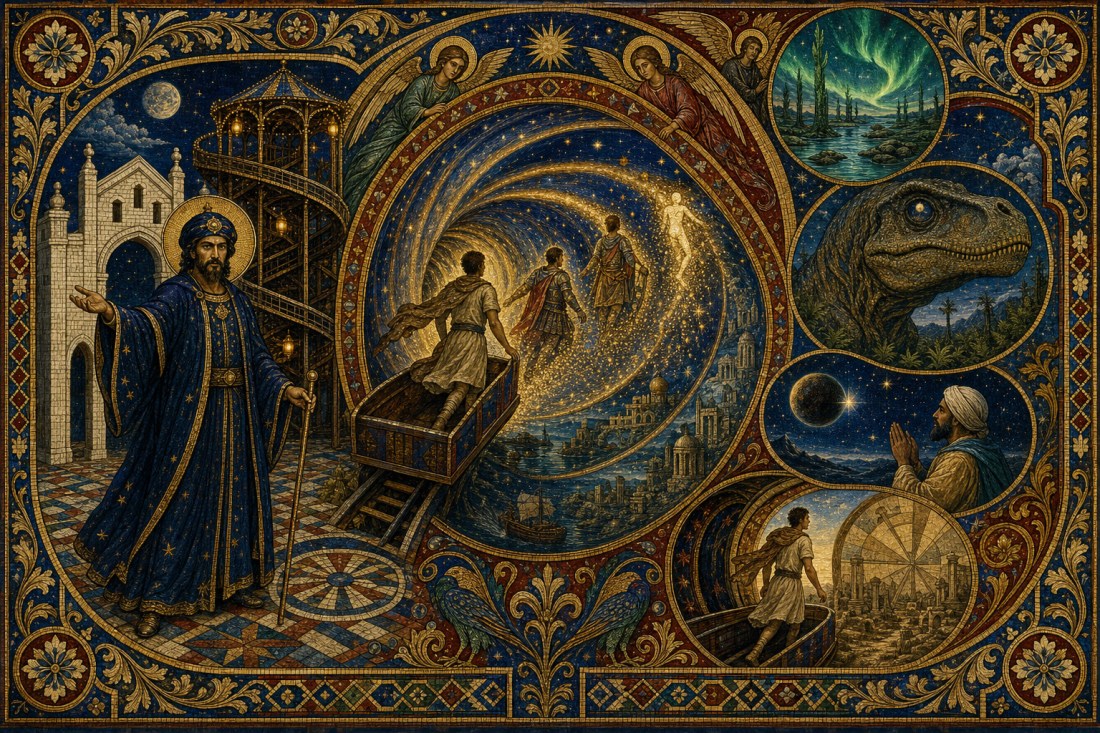 Byzantine-style mosaic of a robed king beside a swirling time tunnel, with scenes of a dinosaur, aurora and a mill