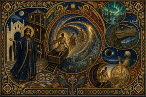 Byzantine-style mosaic of a robed king beside a swirling time tunnel, with scenes of a dinosaur, aurora and a mill