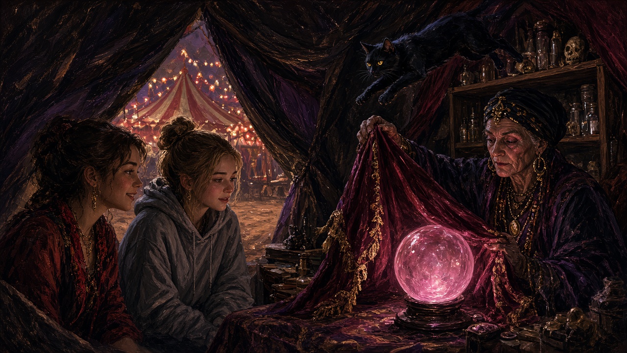 Painted illustration: two teenage girls, one in a grey hoodie, sit in a dark carnival tent as an elderly fortuneteller in a headscarf unveils a glowing pink crystal ball, while a yellow-eyed black cat creeps along a shelf above and a striped tent glows outside.