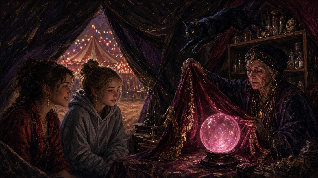 Painted illustration: two teenage girls, one in a grey hoodie, sit in a dark carnival tent as an elderly fortuneteller in a headscarf unveils a glowing pink crystal ball, while a yellow-eyed black cat creeps along a shelf above and a striped tent glows outside.