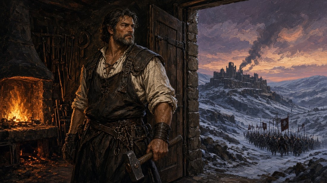 Painted illustration: a bearded blacksmith with a hammer stands in the doorway of his glowing forge, looking out at snowy hills where smoke rises from a hilltop fortress and an army with dark banners marches toward the town.